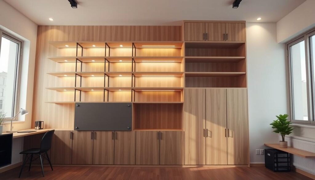 maximizing vertical space with wall-mounted shelves and floor-to-ceiling cabinets