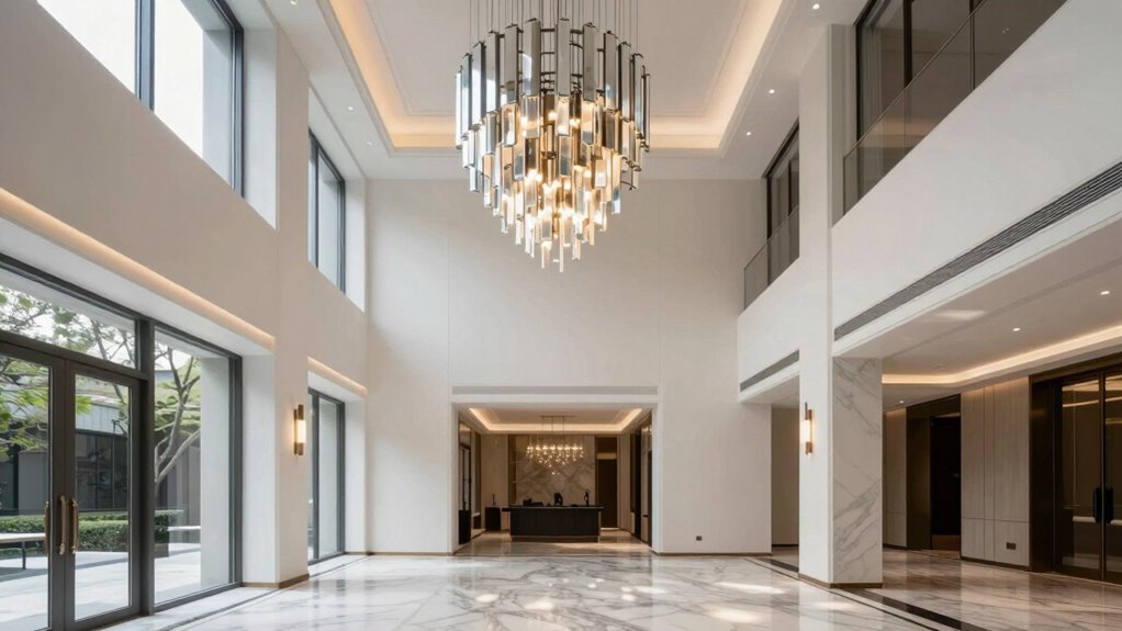modern two story entry chandeliers