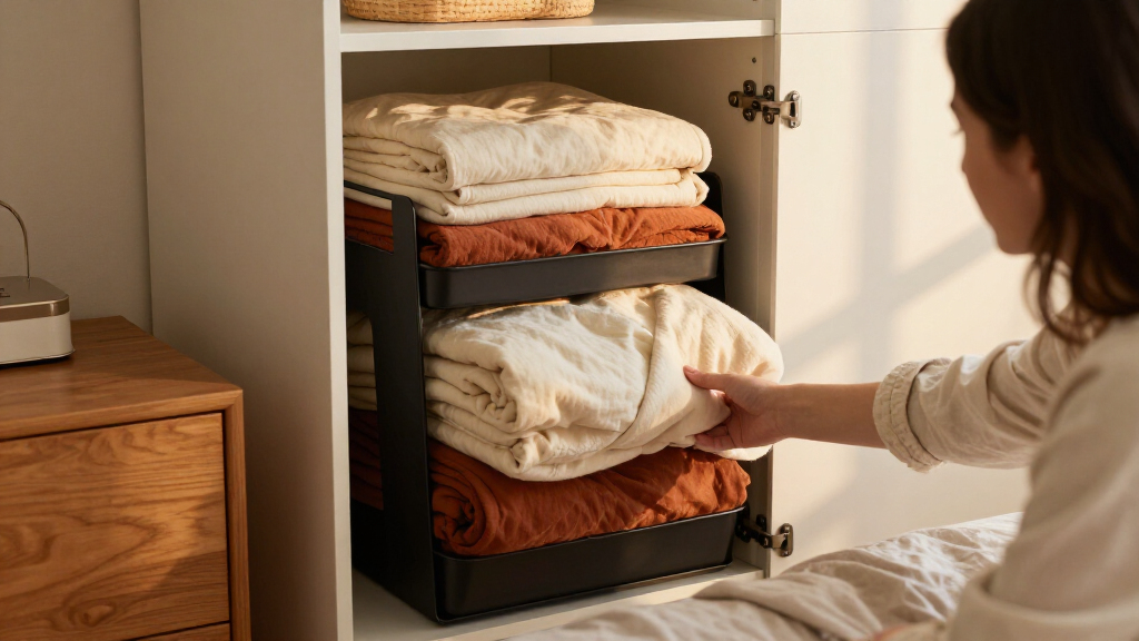 I Used A Pot Lid Organizer To Store My Blankets, And It’s Brilliant